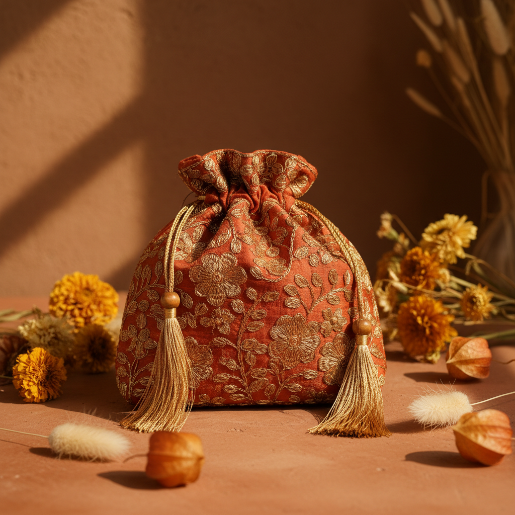 Potli Evening Bag with golden embroidery and tassels on warm terracotta surface