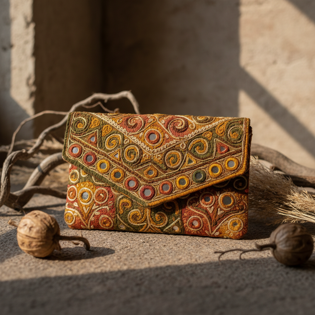 Artisan clutch with mirror work and embroidery on stone surface with dried botanicals