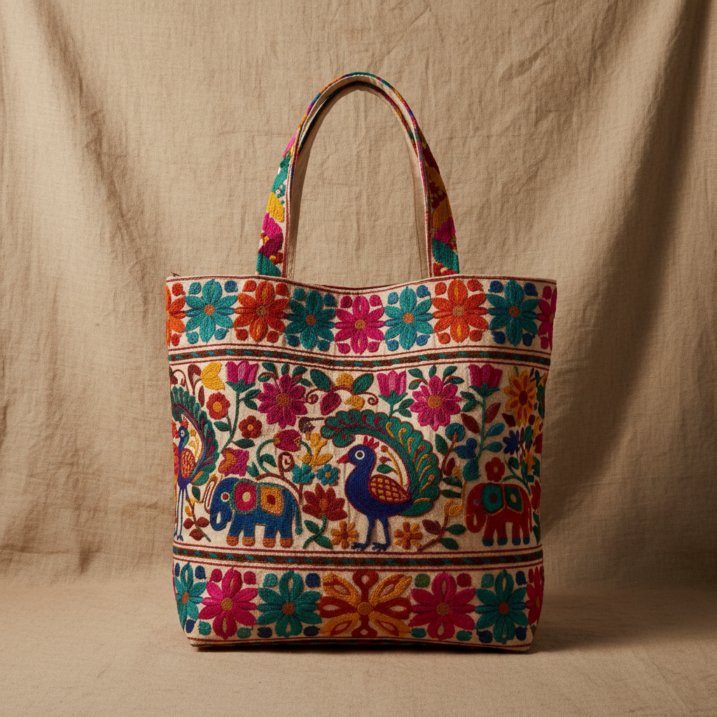 Embroidered tote bag with colorful Indian folk embroidery on natural linen background